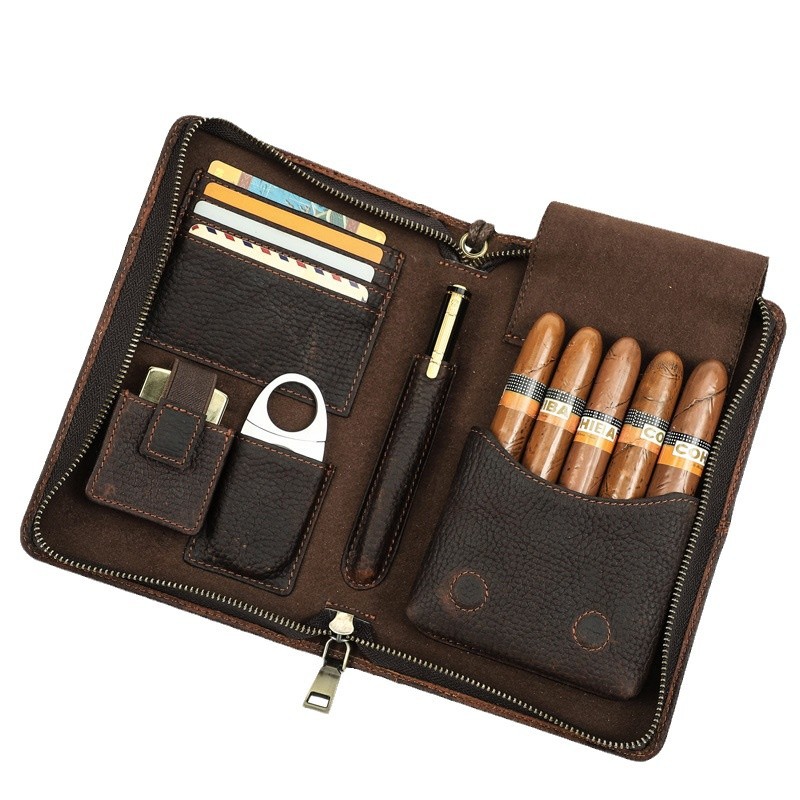 Wrist-Strap Leather Cigar Case – 5-Cigar Zippered Travel Pouch- Card Holder - Phone Holder