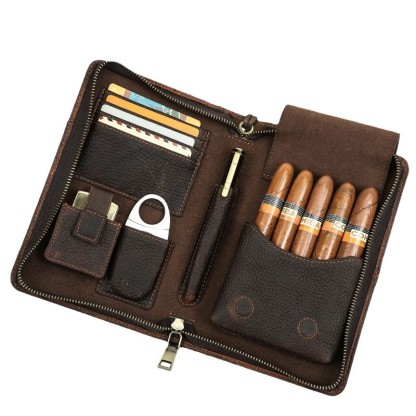 Wrist-Strap Leather Cigar Case – 5-Cigar Zippered Travel Pouch- Card Holder - Phone Holder