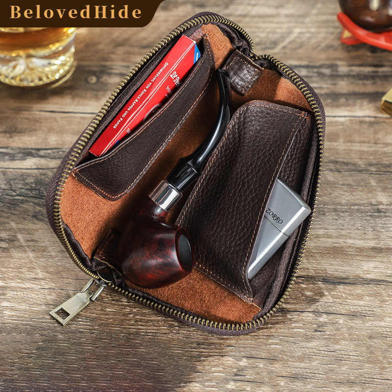 Travel Leather Pipe Case with Tobacco & Lighter Pockets – Vintage Organizer