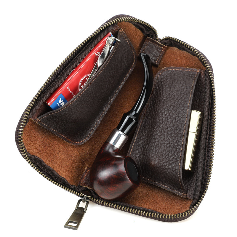 Travel Leather Pipe Case with Tobacco & Lighter Pockets – Vintage Organizer