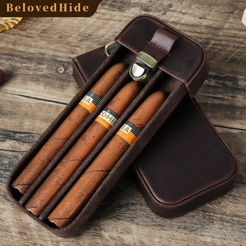 3-Cigar Leather Humidor Box – Locking Drawer & Vintage Design