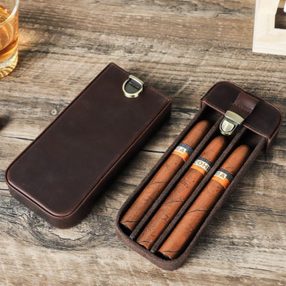 3-Cigar Leather Humidor Box – Locking Drawer & Vintage Design
