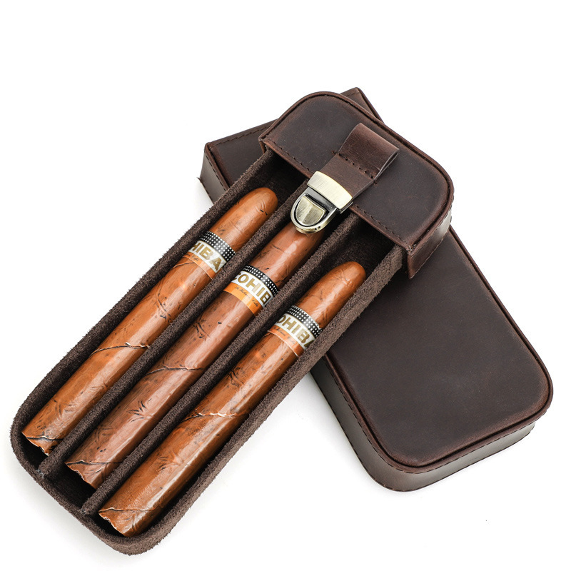 3-Cigar Leather Humidor Box – Locking Drawer & Vintage Design