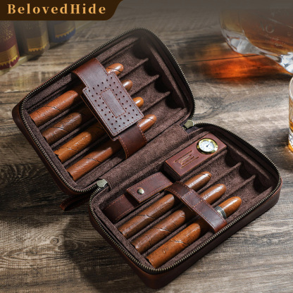 7-Cigar Luxury Leather Humidor – Hygrometer & Phone Pocket