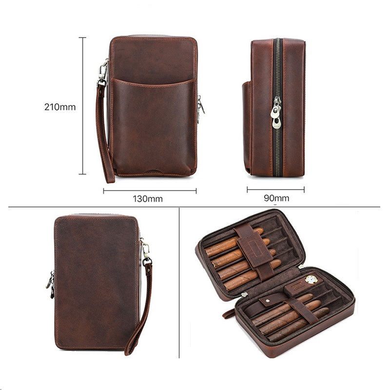 7-Cigar Luxury Leather Humidor – Hygrometer & Phone Pocket