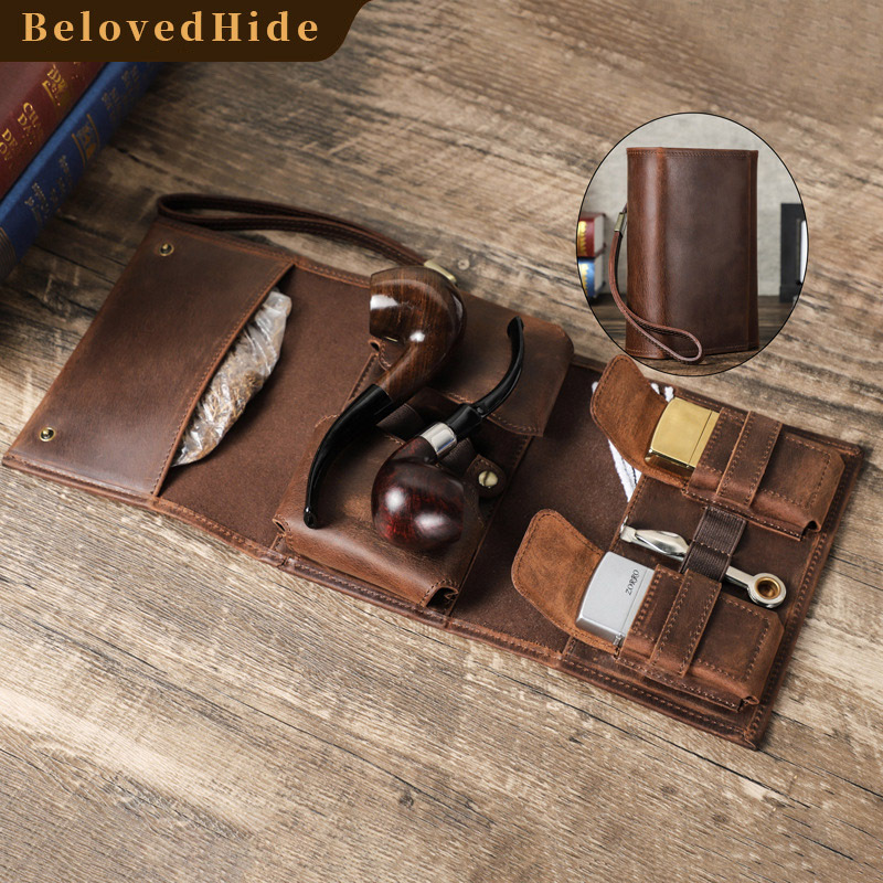 Tri-Fold Leather Pipe Case – Portable Tobacco Pouch with Wristband