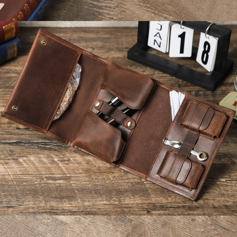 Tri-Fold Leather Pipe Case – Portable Tobacco Pouch with Wristband