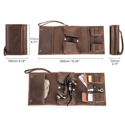 Tri-Fold Leather Pipe Case – Portable Tobacco Pouch with Wristband