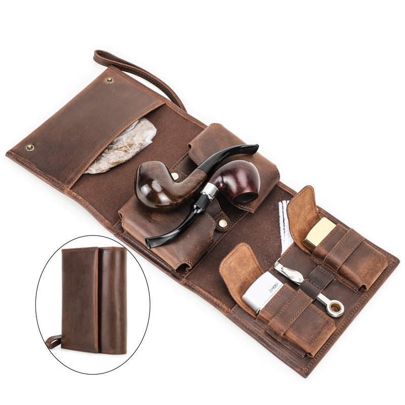 Tri-Fold Leather Pipe Case – Portable Tobacco Pouch with Wristband