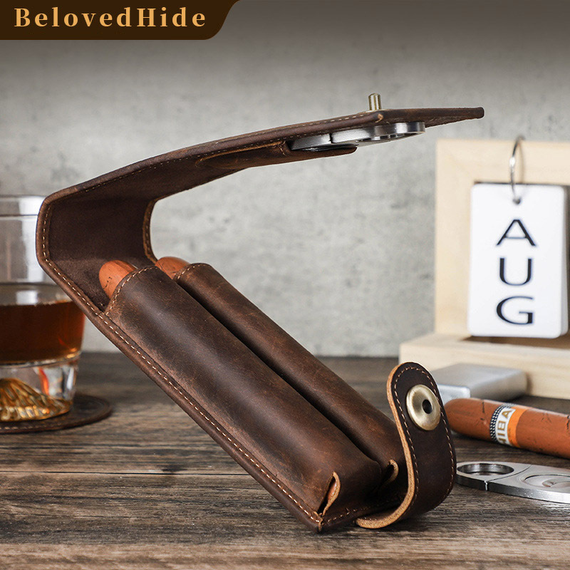 2-Cigar Leather Case with Cutter Slot – Vintage Travel Kit