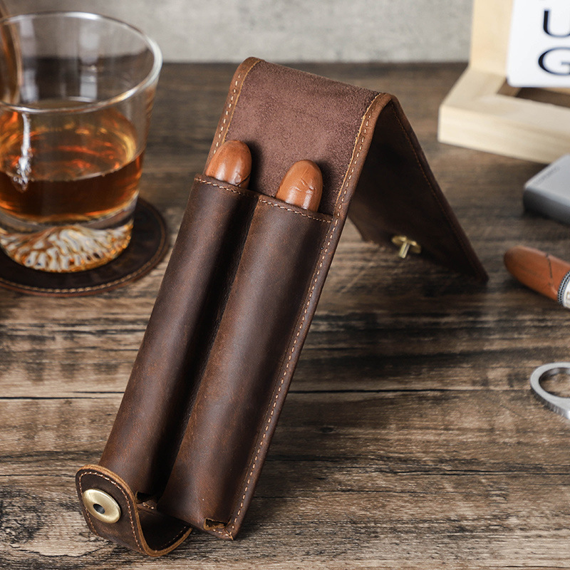 2-Cigar Leather Case with Cutter Slot – Vintage Travel Kit