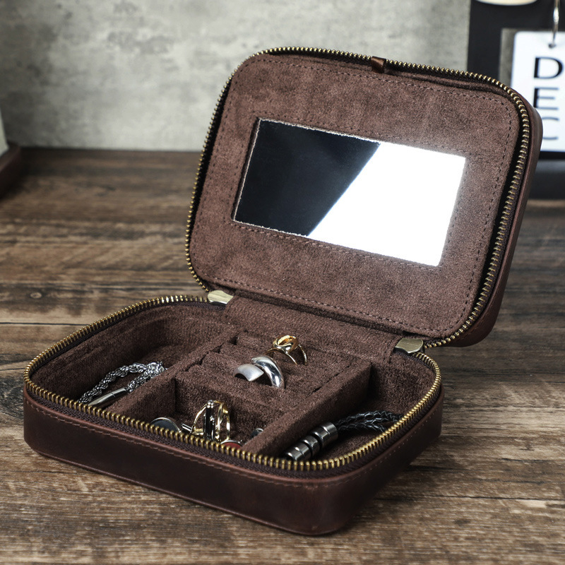 Leather Jewelry Box with Mirror – Vintage Earring & Necklace Organizer