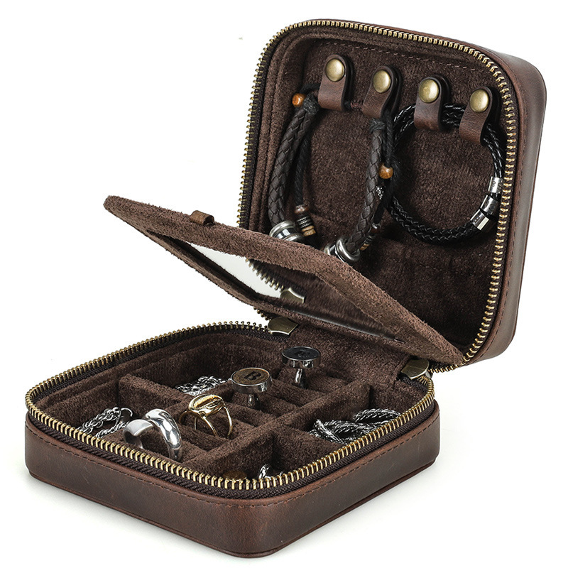 Leather Jewelry Box with Mirror – Vintage Earring & Necklace Organizer