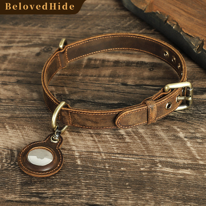 Vintage Leather Dog Collar with AirTag Slot - Double-Layer Tracker