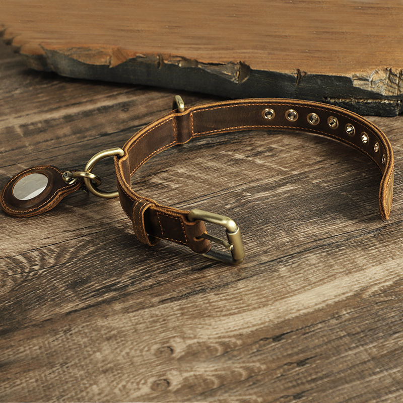 Vintage Leather Dog Collar with AirTag Slot - Double-Layer Tracker