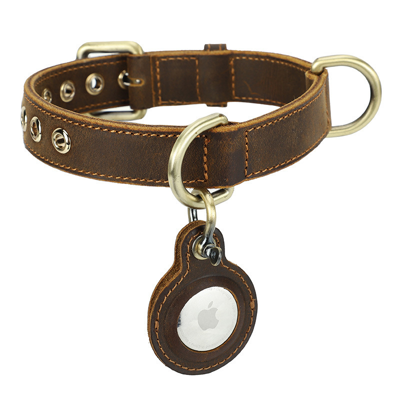 Vintage Leather Dog Collar with AirTag Slot - Double-Layer Tracker