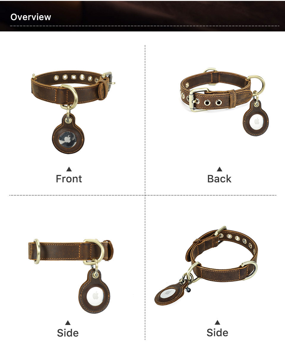 Vintage Leather Dog Collar with AirTag Slot - Double-Layer Tracker