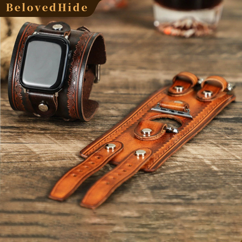 Brown Leather Apple Watch Bands, Italian Double-Buckle Leather Watch Bands