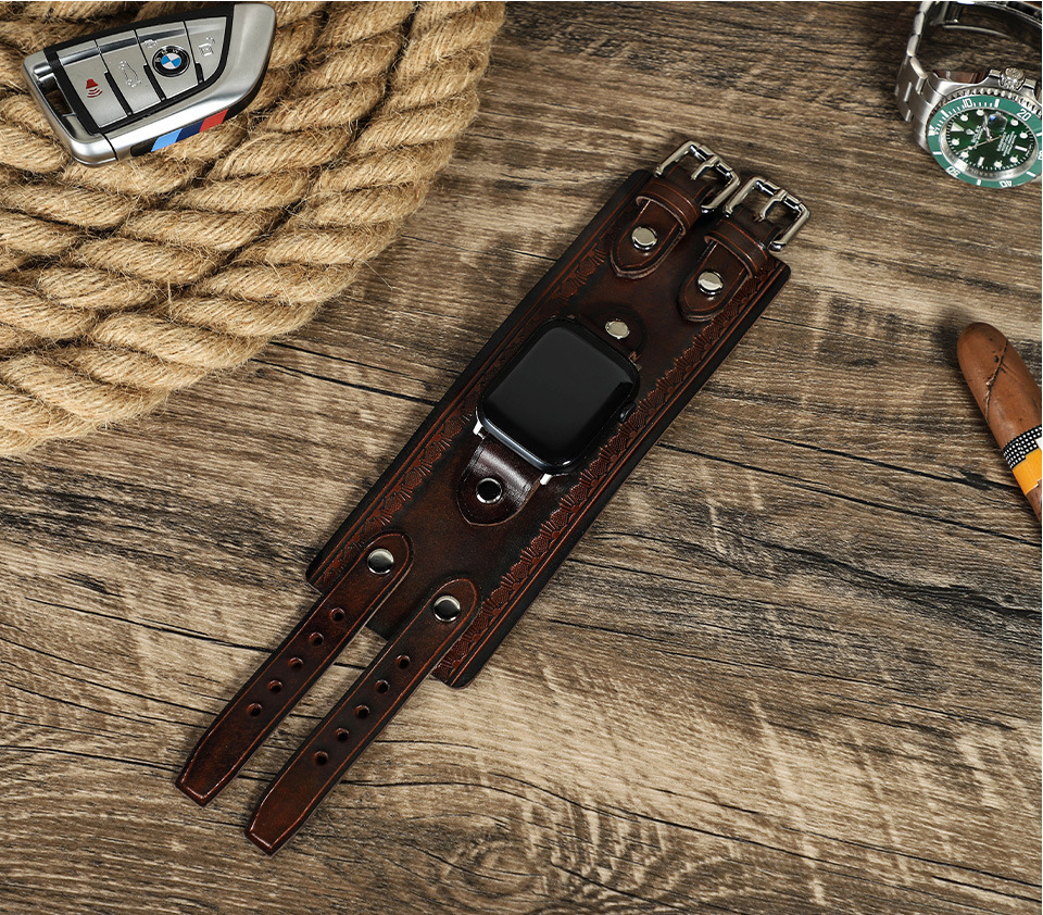 Coffee Leather Apple Watch Bands, Italian Double-Buckle Leather Watch Bands