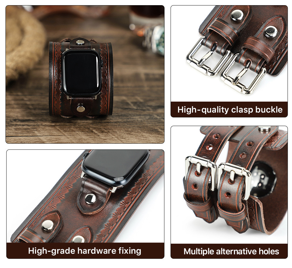 Coffee Leather Apple Watch Bands, Italian Double-Buckle Leather Watch Bands