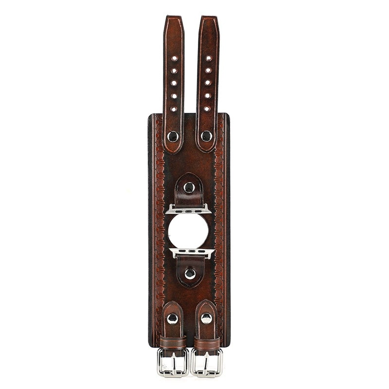 Coffee Leather Apple Watch Bands, Italian Double-Buckle Leather Watch Bands
