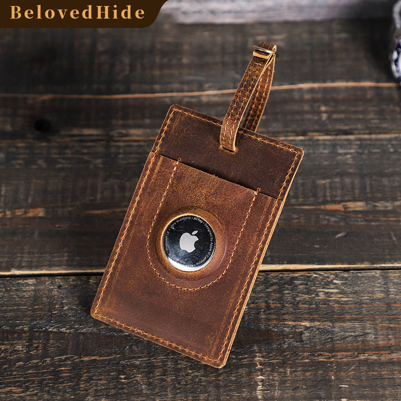 Travel Leather Luggage Tag with AirTag Slot - Vintage Suitcase Tracker