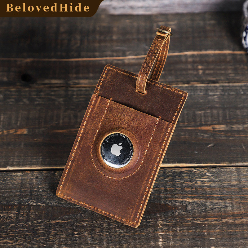 Travel Leather Luggage Tag with AirTag Slot - Vintage Suitcase Tracker