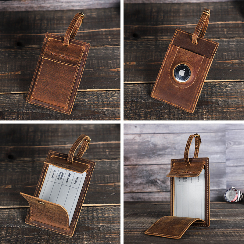 Travel Leather Luggage Tag with AirTag Slot - Vintage Suitcase Tracker