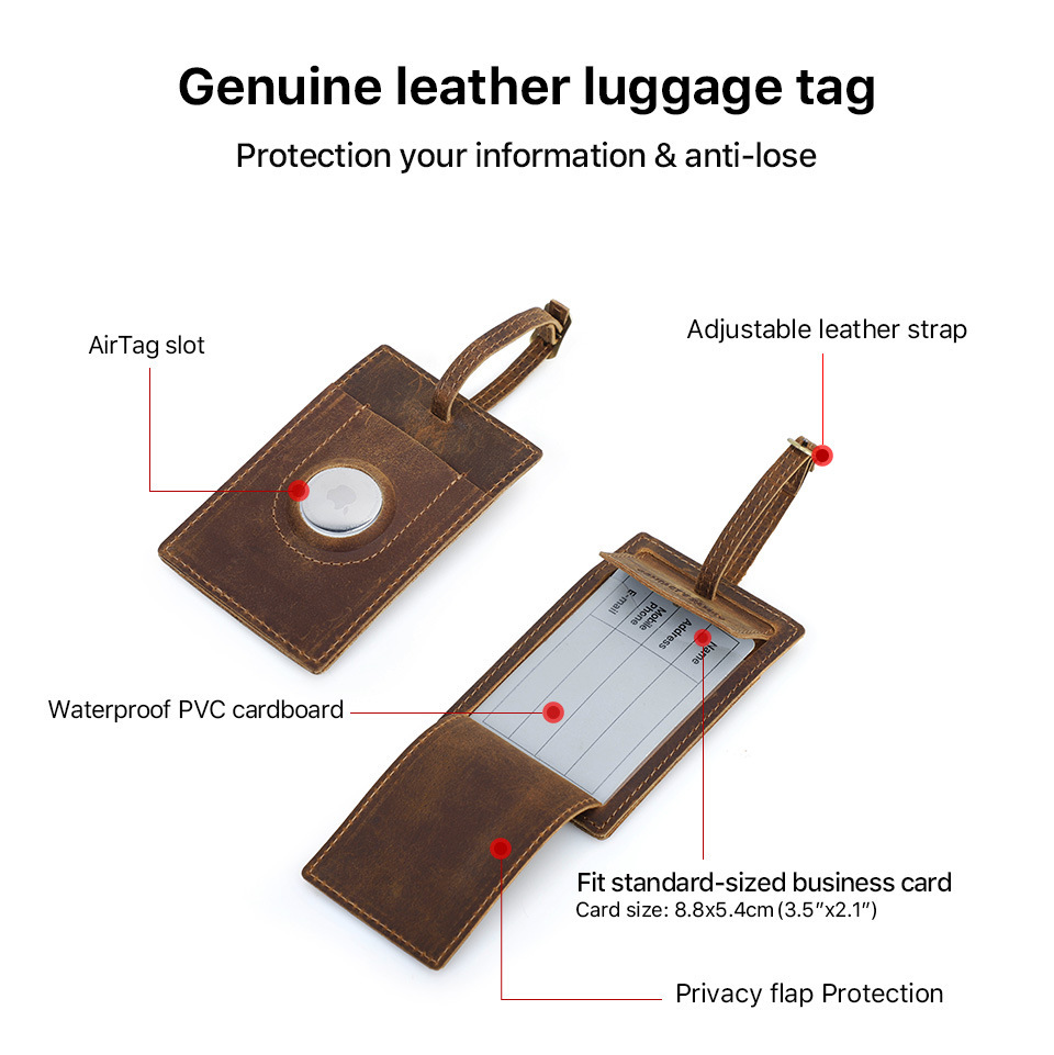 Travel Leather Luggage Tag with AirTag Slot - Vintage Suitcase Tracker