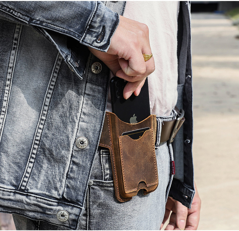 Compact Leather Phone Holster for iPhone SE 3 & Small Phones - 5.4" Waist Pack