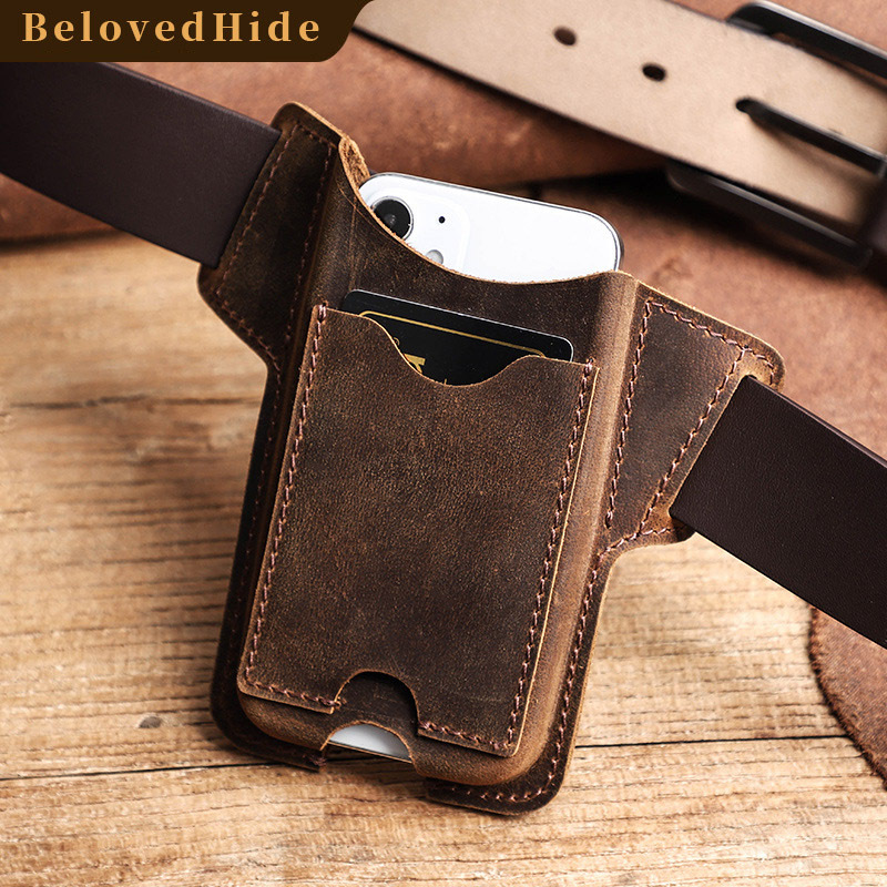 Leather Phone Holster with Card Slot - 6.1" Belt Loop for iPhone 14/15/16