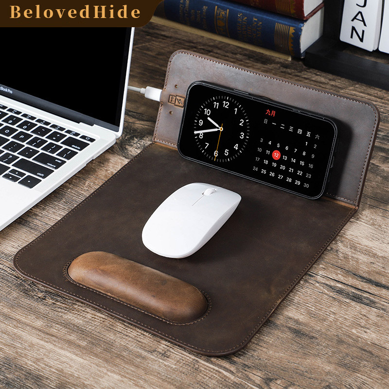 Wireless Charging Leather Mouse Pad – Qi2 15W Fast Charge + Wrist Rest