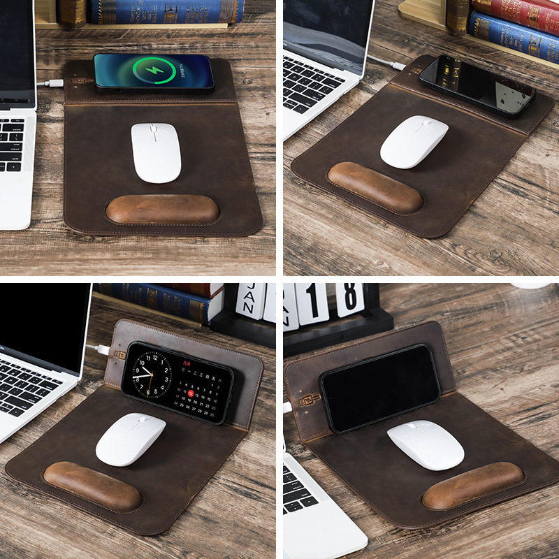 Wireless Charging Leather Mouse Pad – Qi2 15W Fast Charge + Wrist Rest