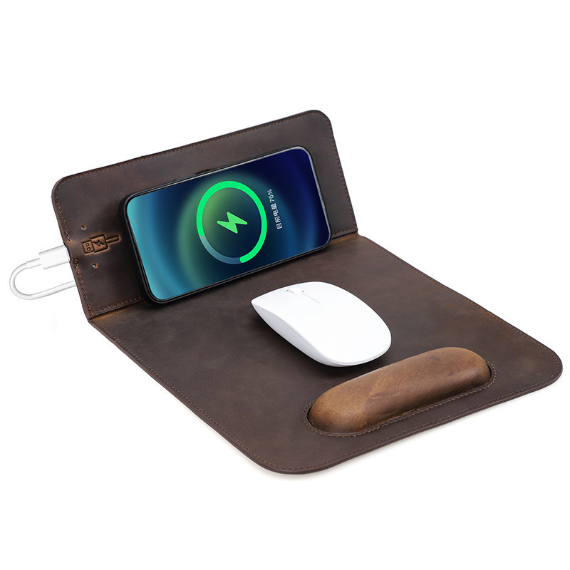 Wireless Charging Leather Mouse Pad – Qi2 15W Fast Charge + Wrist Rest
