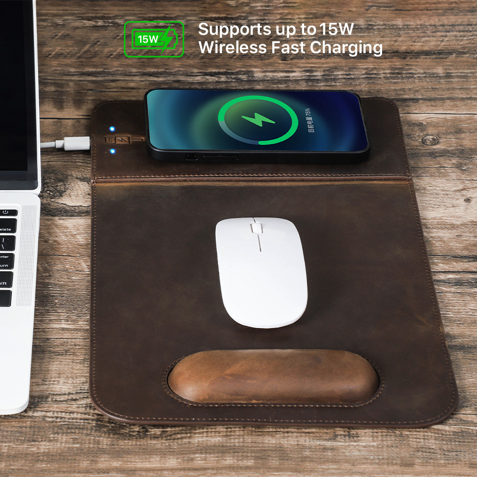Wireless Charging Leather Mouse Pad – Qi2 15W Fast Charge + Wrist Rest