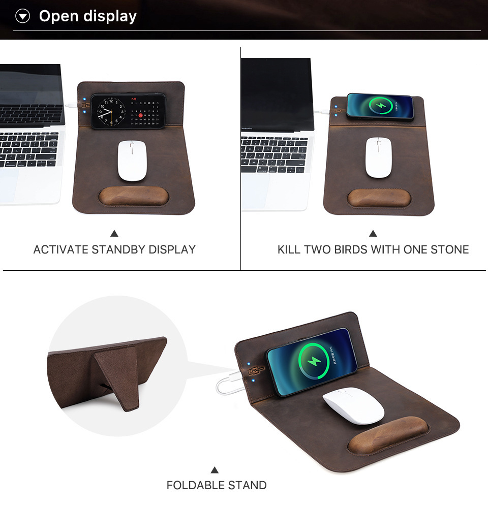 Wireless Charging Leather Mouse Pad – Qi2 15W Fast Charge + Wrist Rest