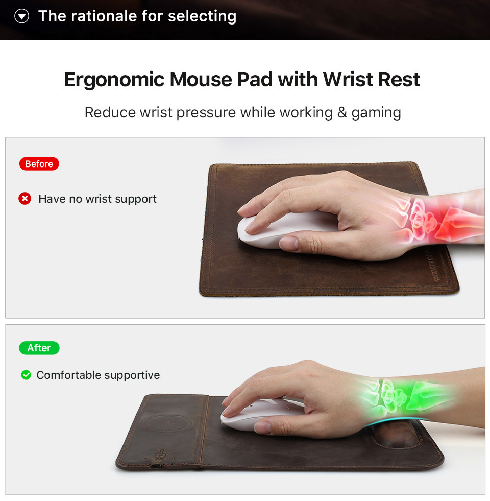 Wireless Charging Leather Mouse Pad – Qi2 15W Fast Charge + Wrist Rest