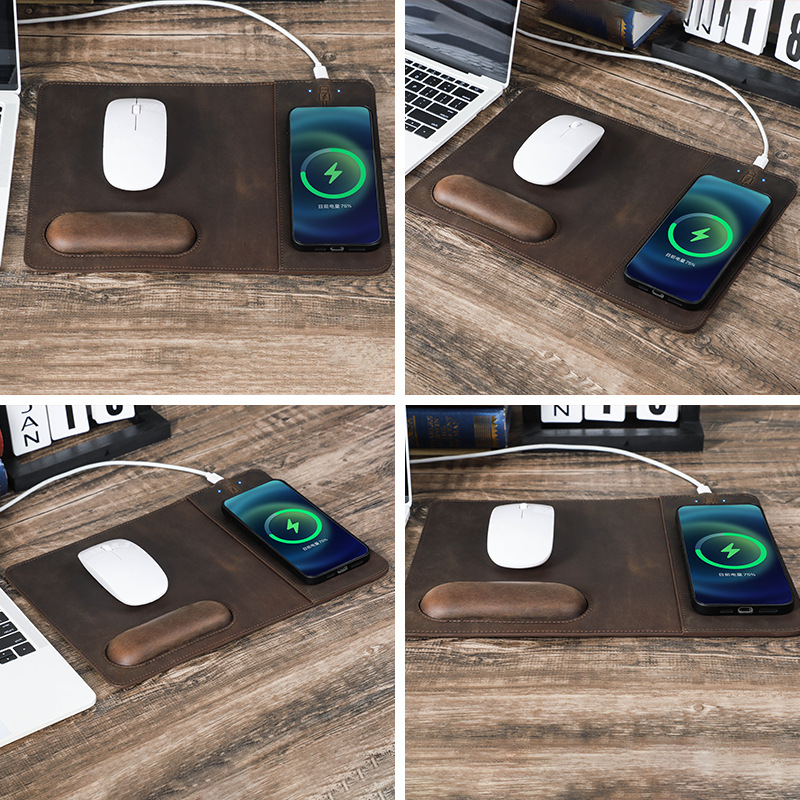 Slim Leather Mouse Pad with 15W Wireless Charger – Oil-Nubuck Surface
