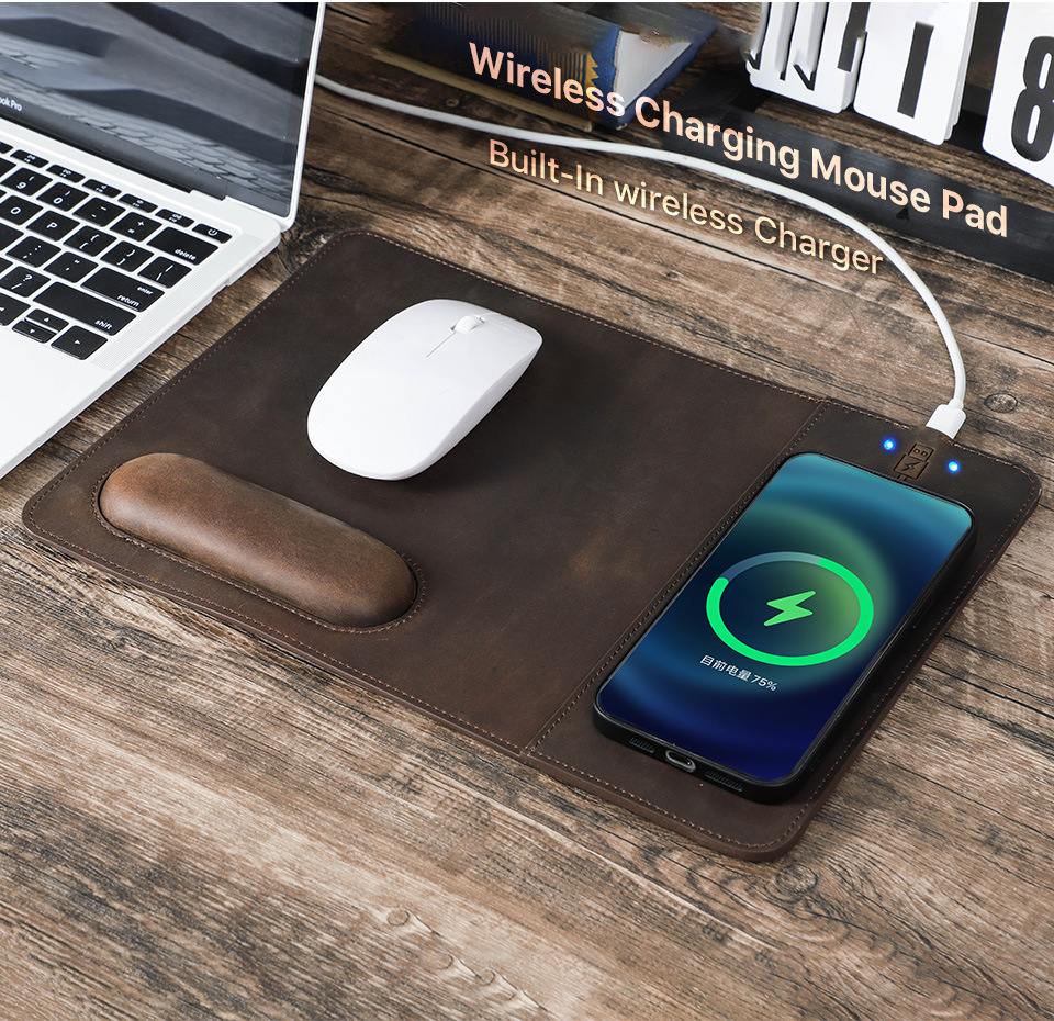 Slim Leather Mouse Pad with 15W Wireless Charger – Oil-Nubuck Surface
