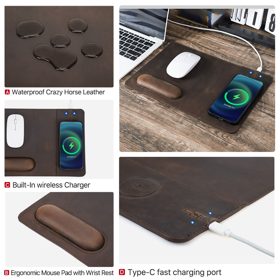 Slim Leather Mouse Pad with 15W Wireless Charger – Oil-Nubuck Surface