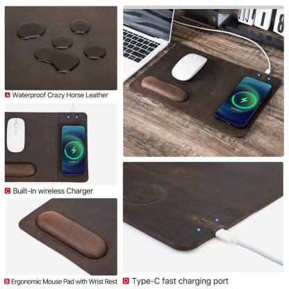 Slim Leather Mouse Pad with 15W Wireless Charger – Oil-Nubuck Surface