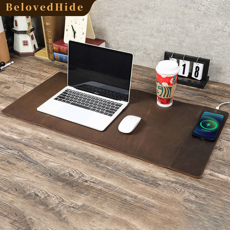 Oversized Leather Desk Mat with 15W Charger – 80x40cm Coffee-Brown Luxury