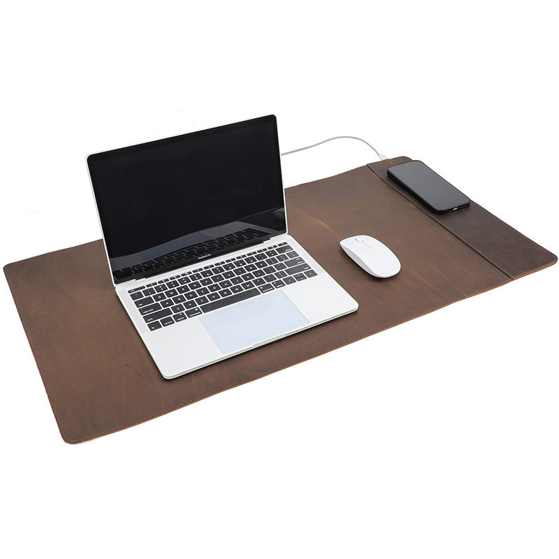 Oversized Leather Desk Mat with 15W Charger – 80x40cm Coffee-Brown Luxury