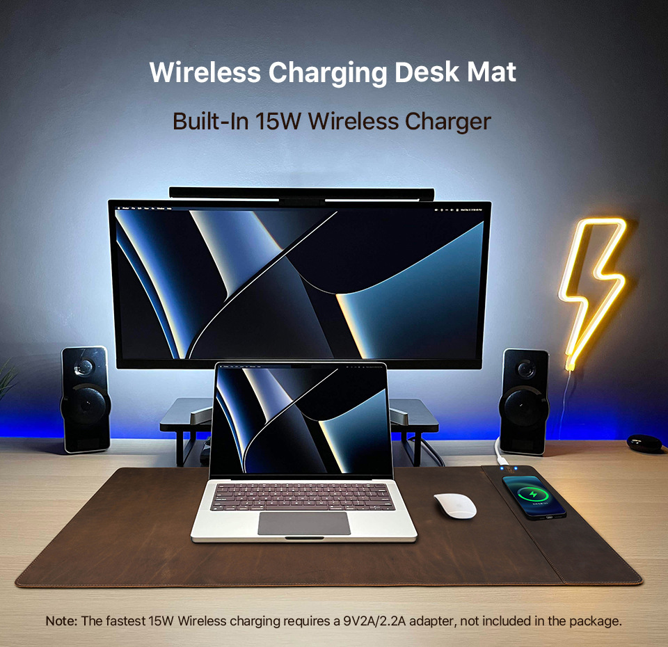 Oversized Leather Desk Mat with 15W Charger – 80x40cm Coffee-Brown Luxury