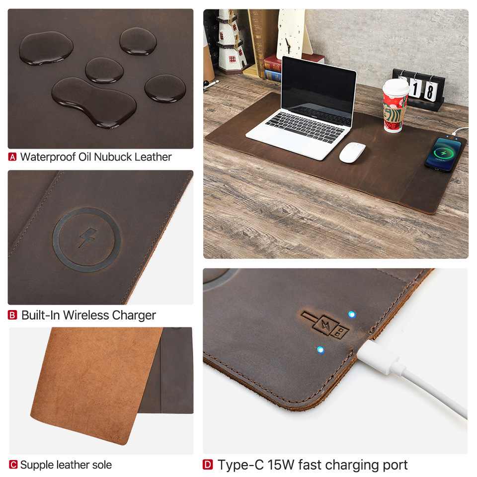 Oversized Leather Desk Mat with 15W Charger – 80x40cm Coffee-Brown Luxury