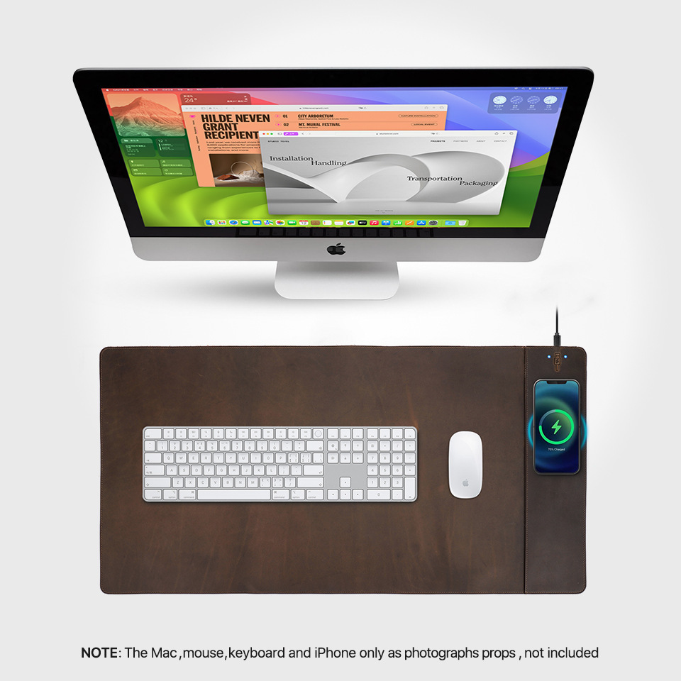 Oversized Leather Desk Mat with 15W Charger – 80x40cm Coffee-Brown Luxury