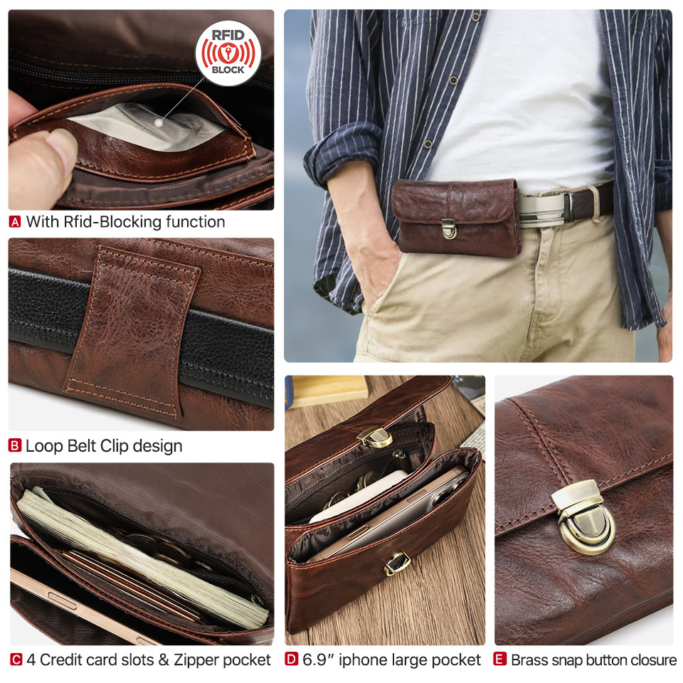 Brown Leather Belt Bag for iPhone 16 Pro Max & Large Phones - 6.9" Waist Pack