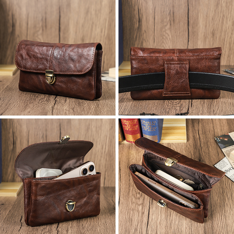Brown Leather Belt Bag for iPhone 16 Pro Max & Large Phones - 6.9" Waist Pack