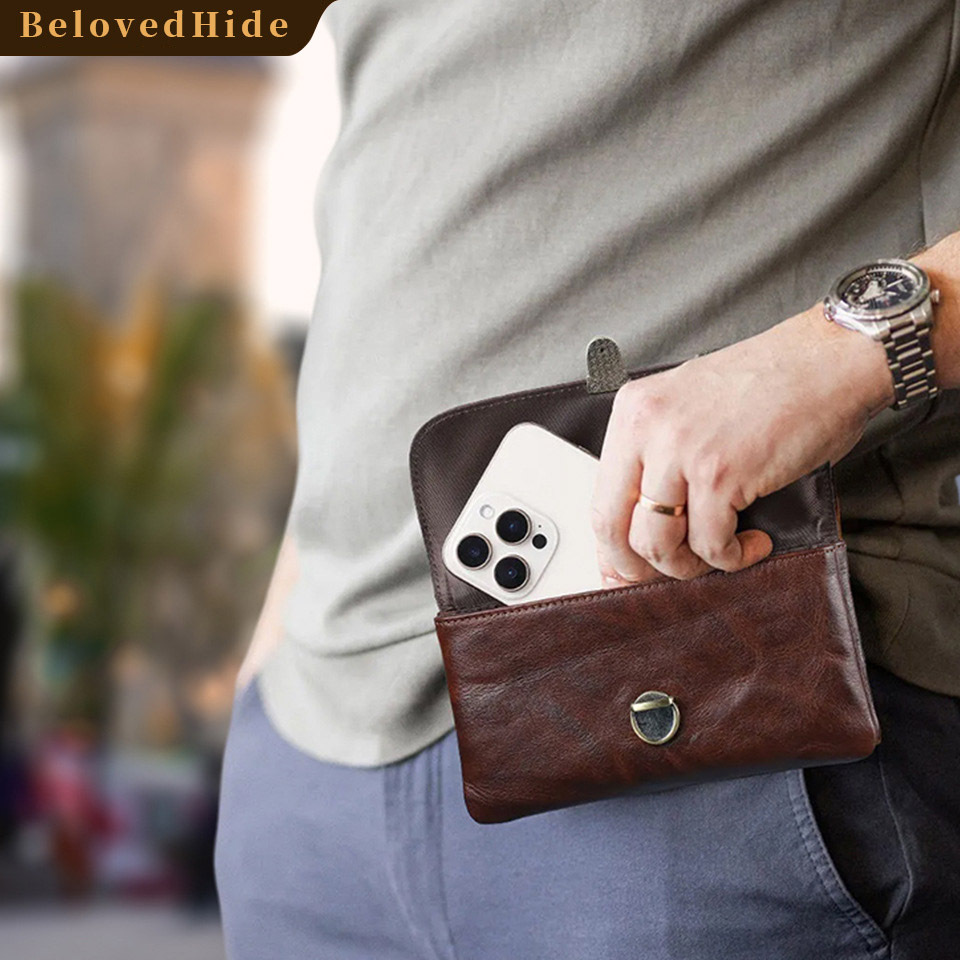 Brown Leather Belt Bag for iPhone 16 Pro Max & Large Phones - 6.9" Waist Pack