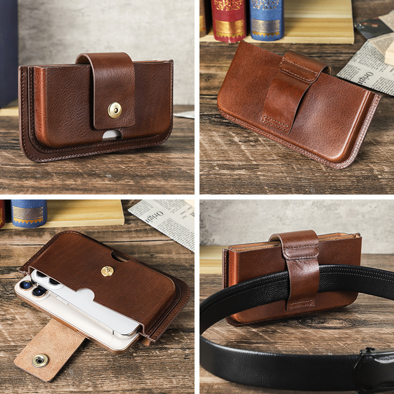 Dual-Pocket Leather Belt Bag for iPhone 16 & Android - 6.1"-6.9" Waist Pack